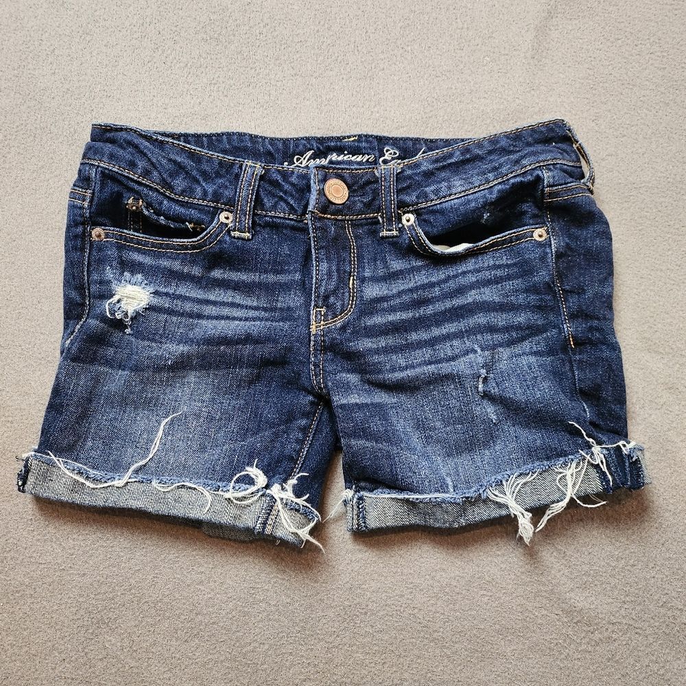 American Eagle Outfitters Dark Blue Distressed Denim Jean Shorts